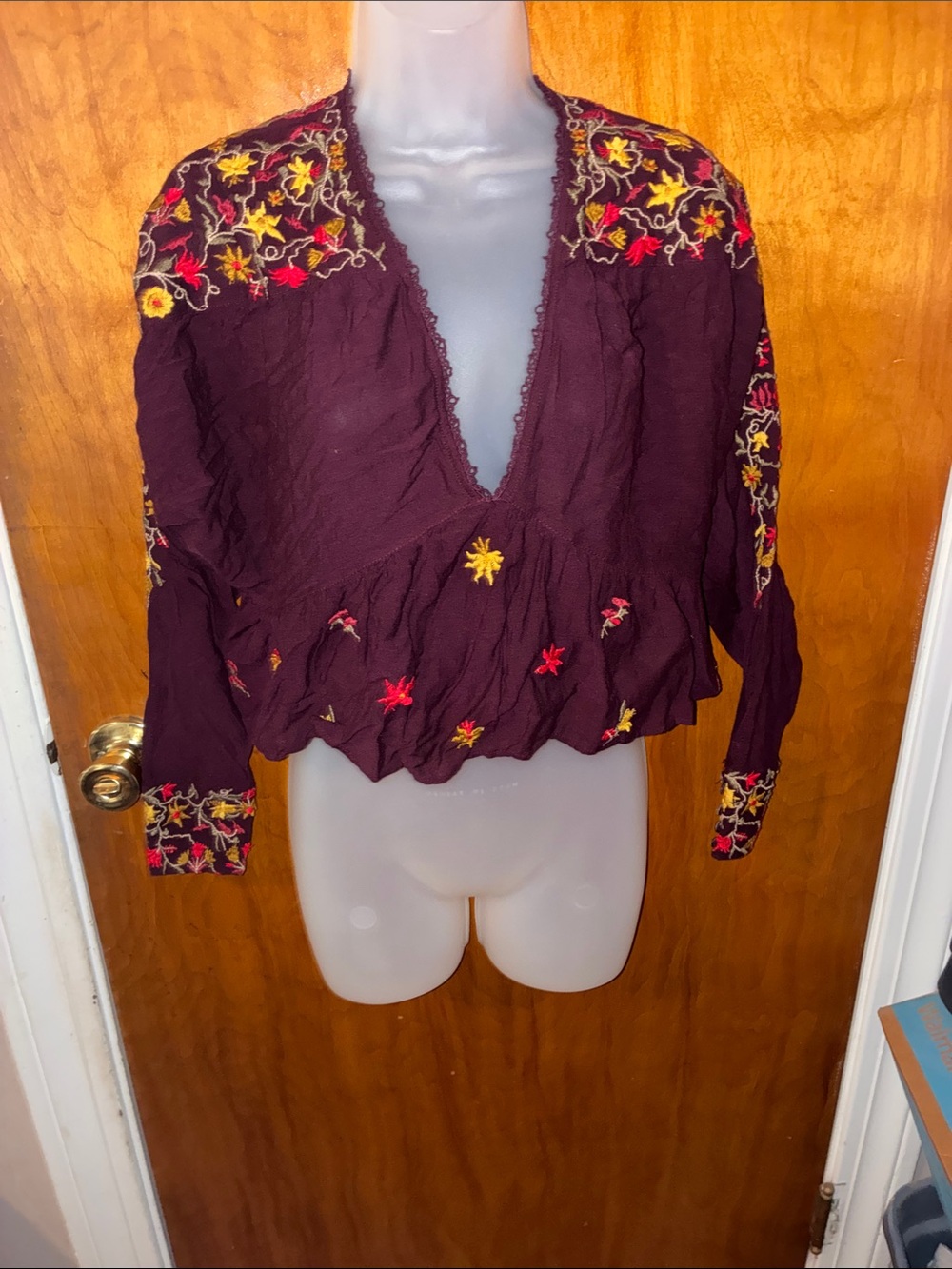 Free People Burgundy Embroidered V-Neck Peasant Top